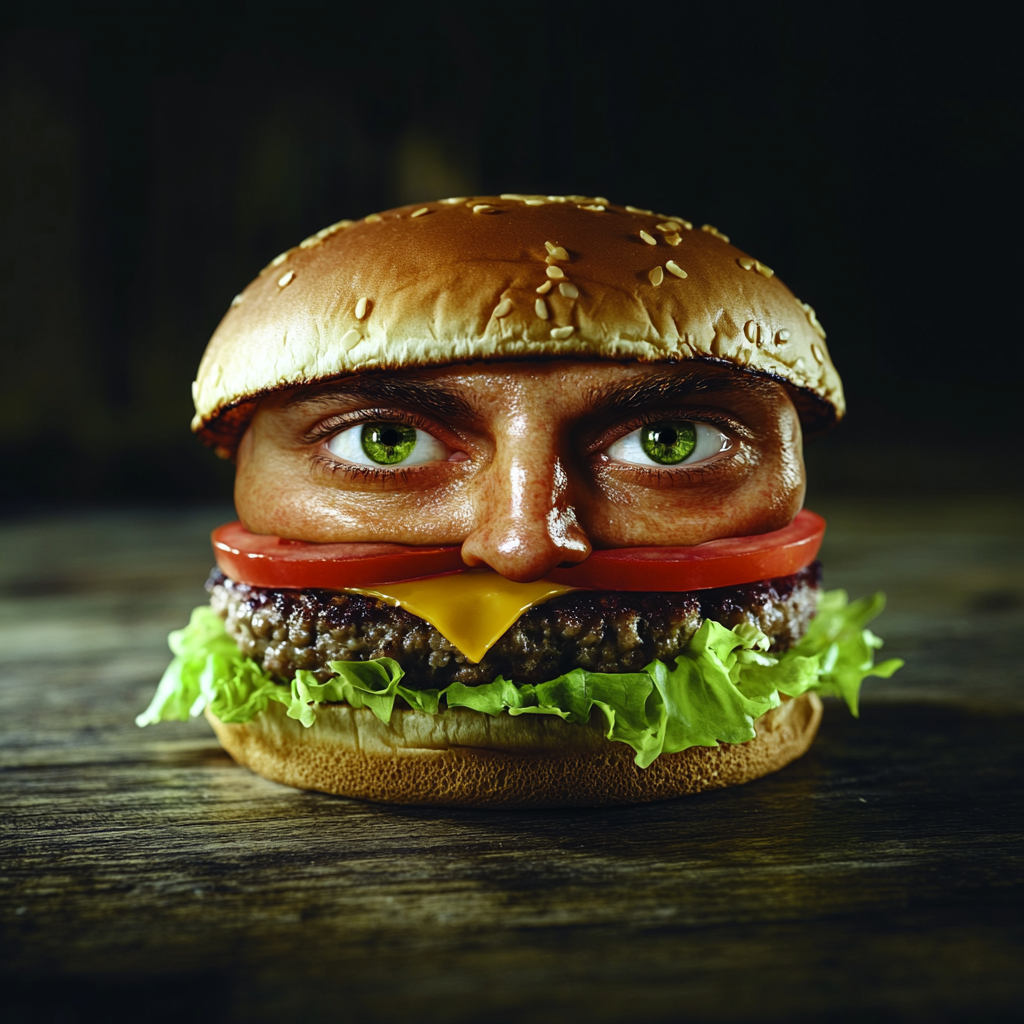 Hamburger with human face depicted in realistic setting.