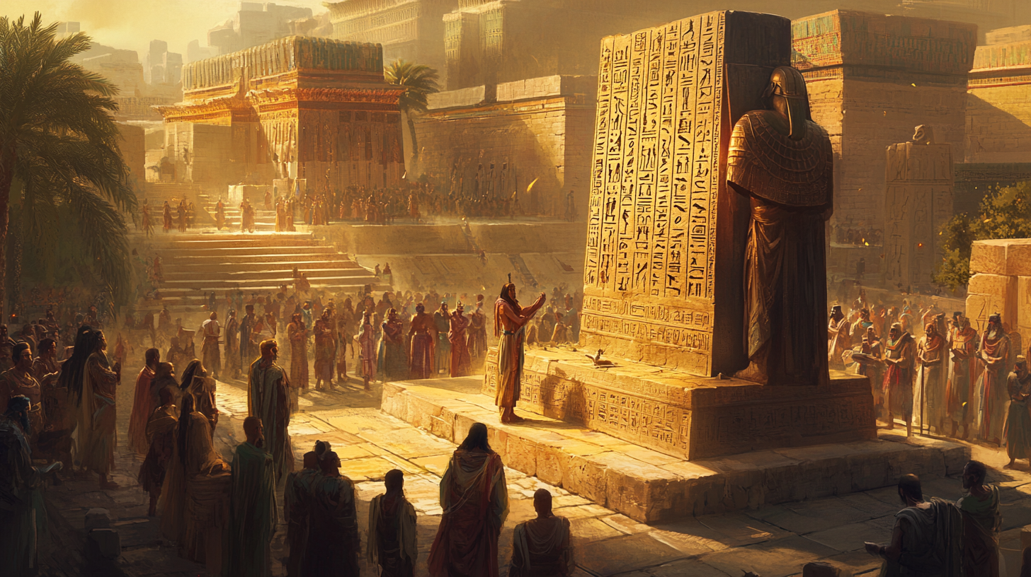 Hammurabi and Citizens in Ancient Babylonian City Center