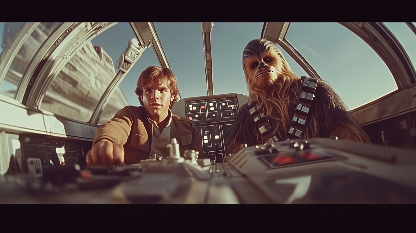 Han Solo and Chewbacca in Millennium Falcon cockpit