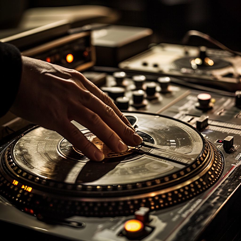 Hand adjusting 70s drum machine on black background