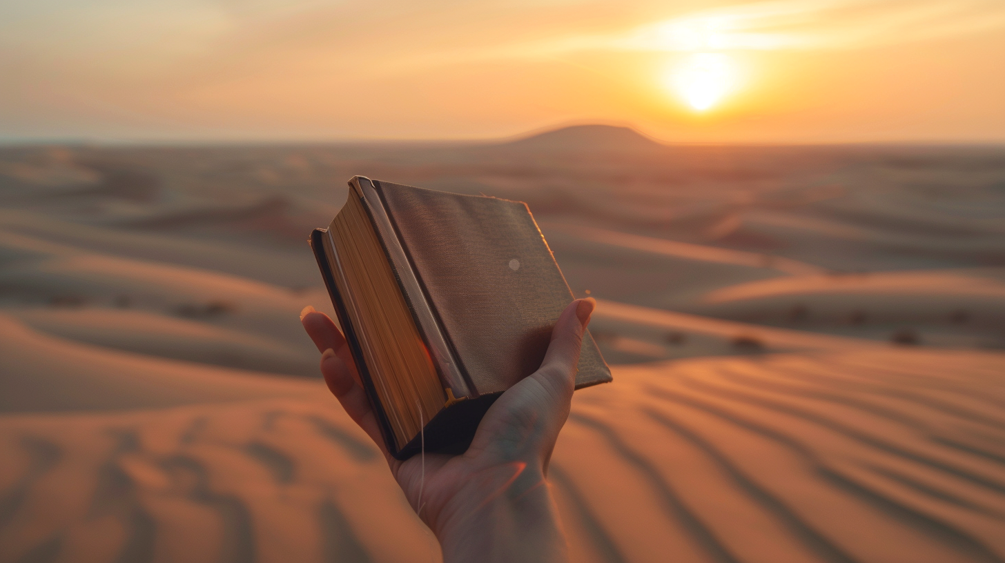 Hand balancing book, desert background, surreal lighting, cinematic tones.