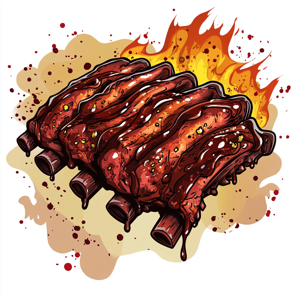 Hand drawn BBQ ribs with sauce, fire, and flames.