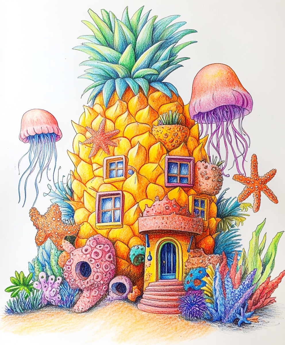 Hand-drawn Spongebob pineapple house in colorful Nickelodeon style.