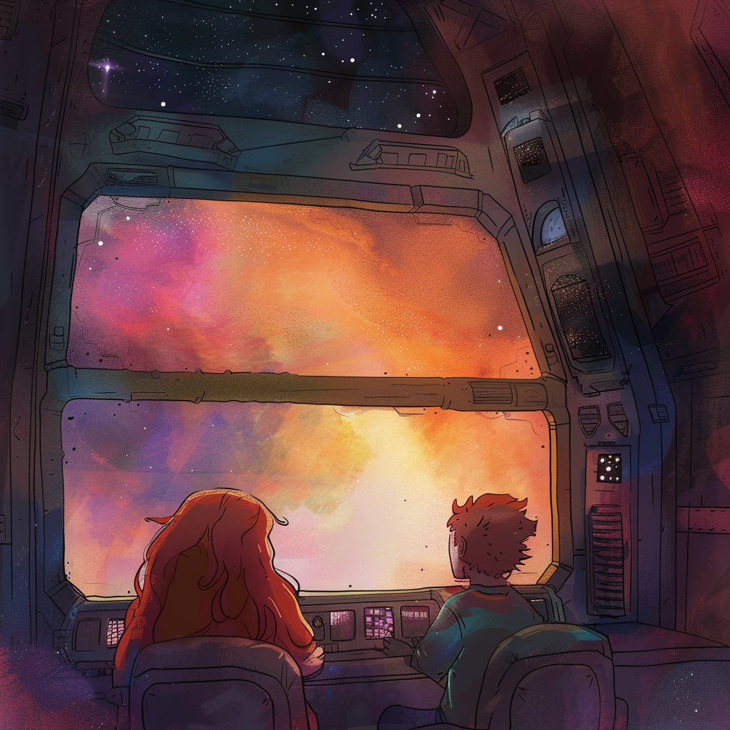 Hand-drawn Watercolour Space Sunset with Lego Couple