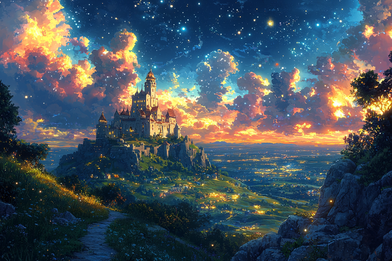 Hand-drawn anime castle with vibrant colors and textures.