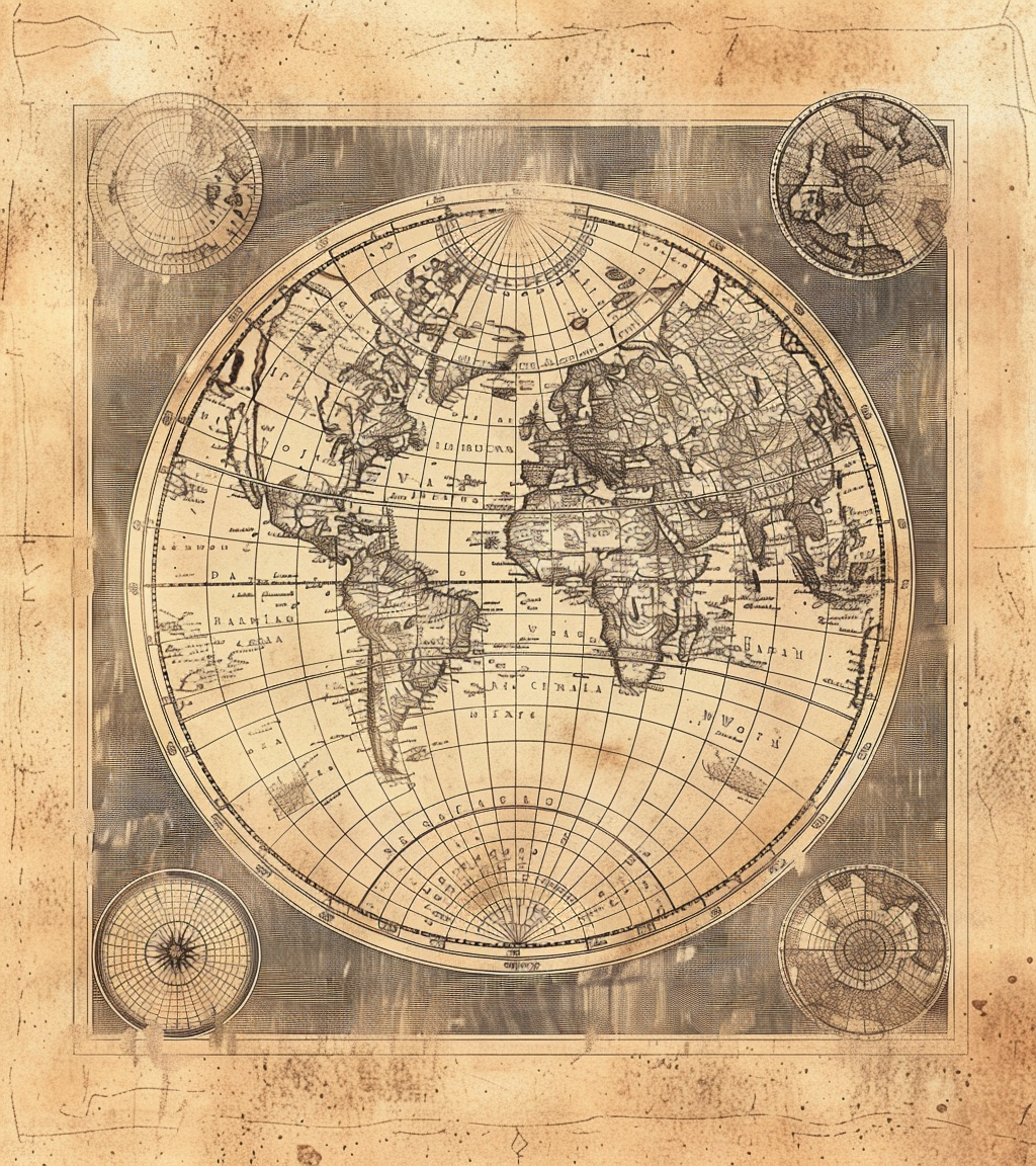 Hand-drawn circle world map with stars and symbols.