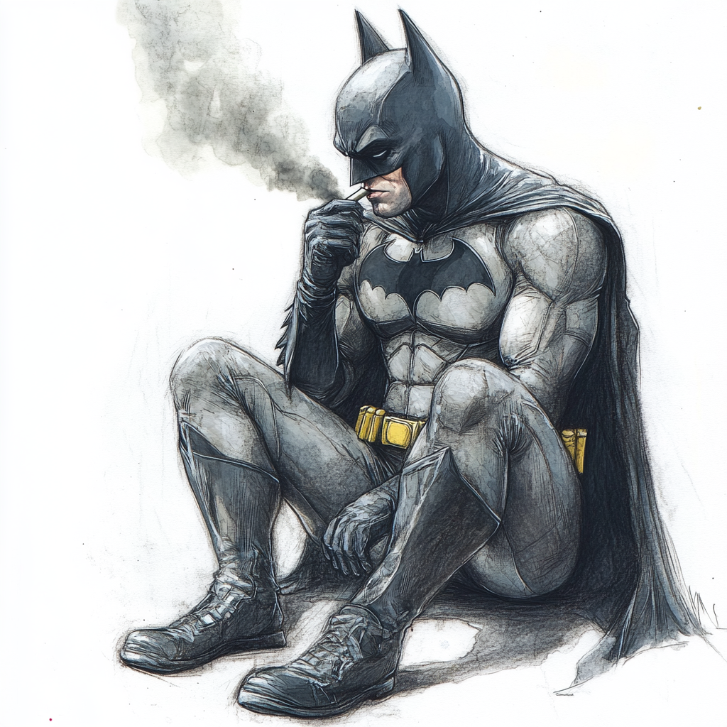 Hand drawn colored pencil Batman smoking, messy art.