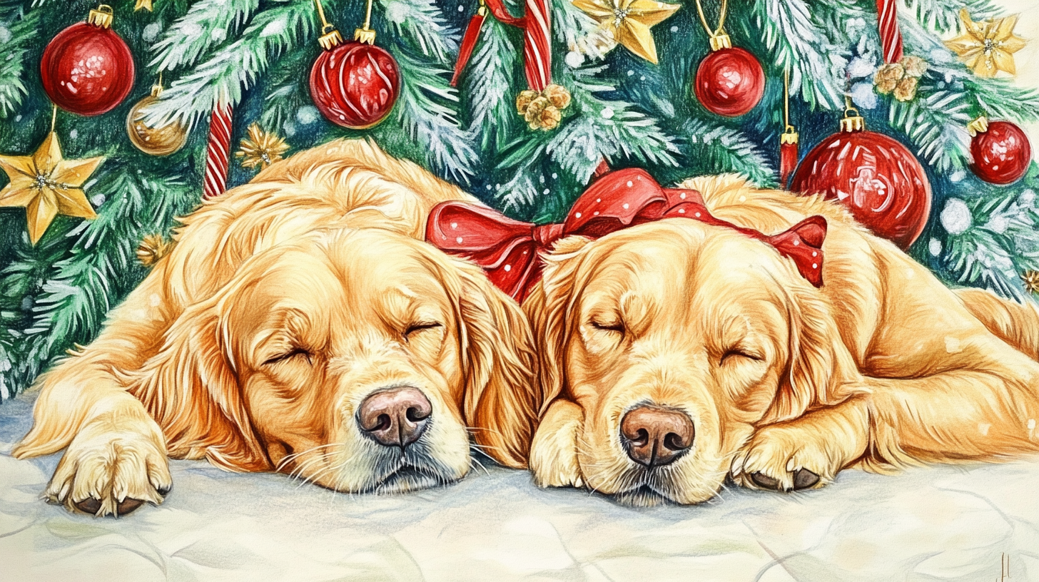 Hand drawn detailed picture of happy dogs at Christmas.