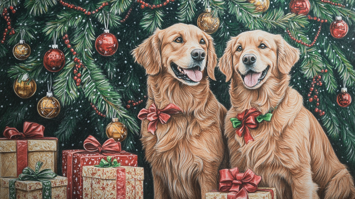 Hand drawn detailed picture of two happy dogs.