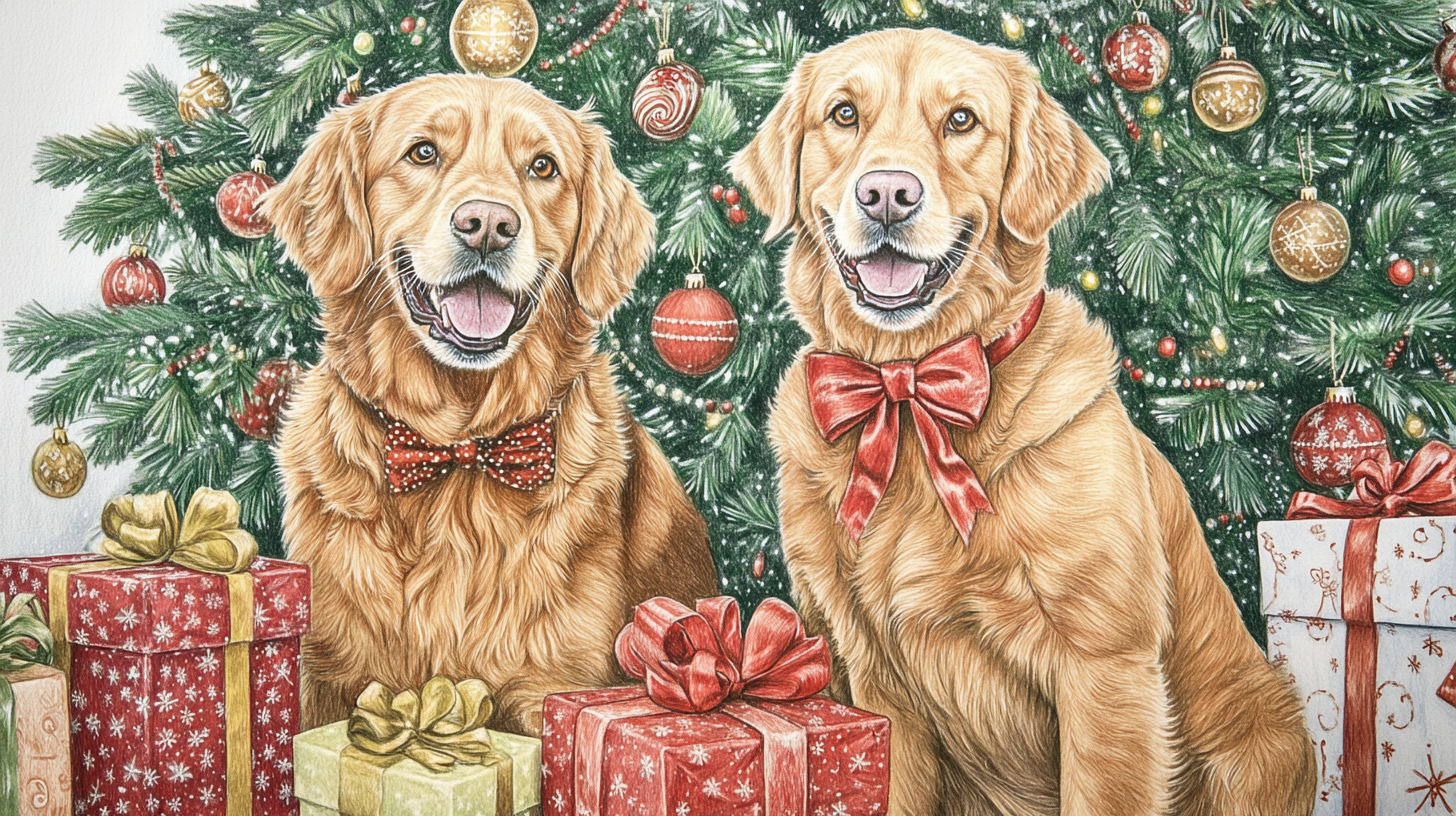 Hand-drawn detailed picture of two happy golden retrievers.