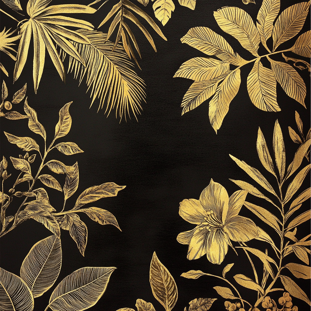 Hand-drawn gold on black wallpaper with tropical plants.