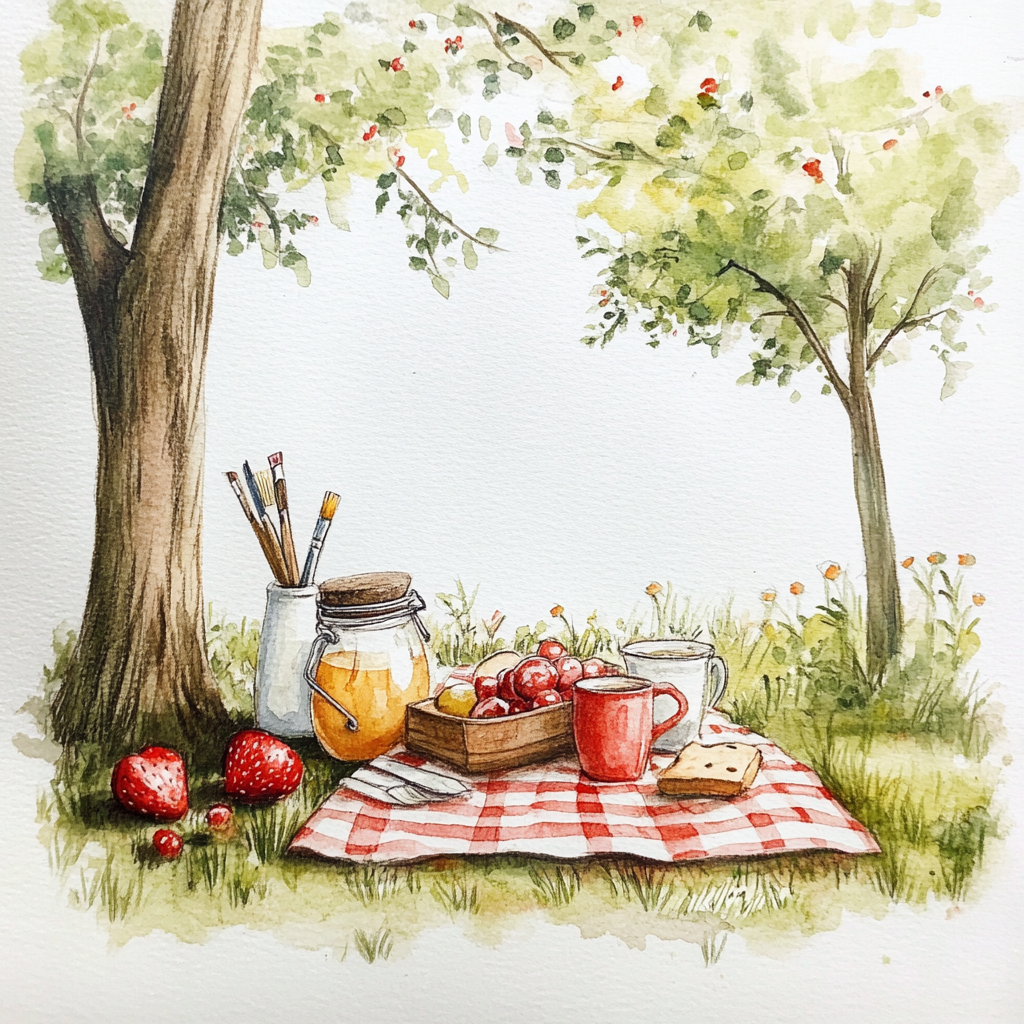 Hand-drawn picnic scene in Sarah Kay style; detailed, romantic.