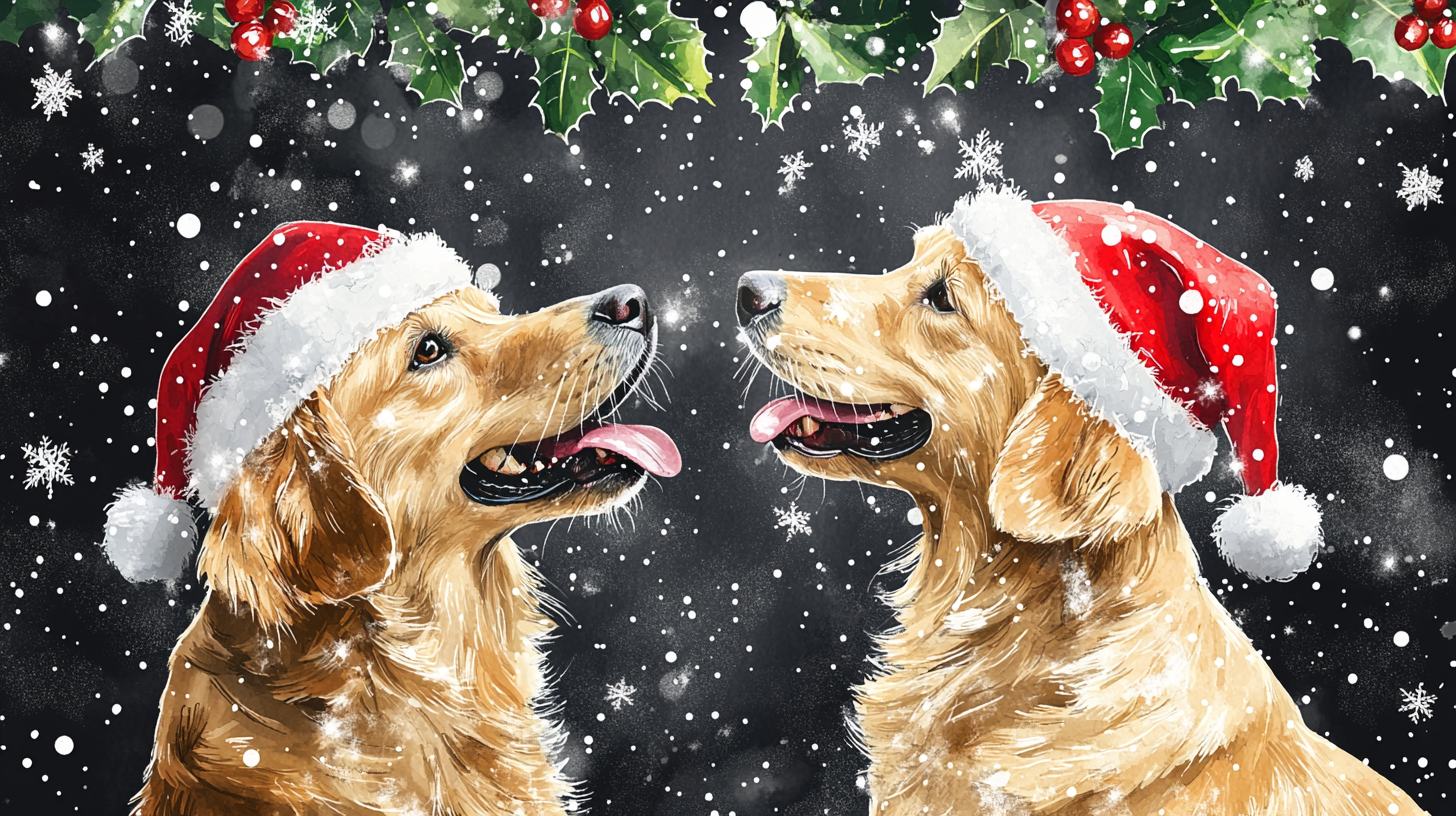 Hand drawn picture of two happy dogs at Christmas.