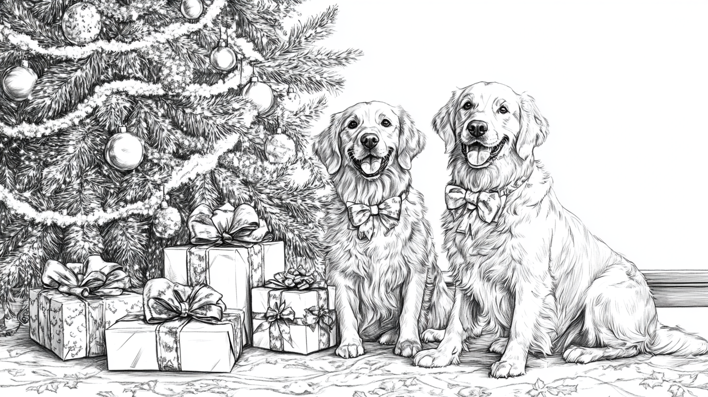 Hand-drawn picture of two happy golden retrievers at Christmas.