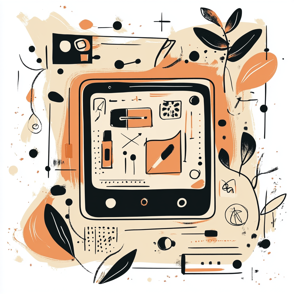 Hand-drawn tech illustration with bold orange accents.