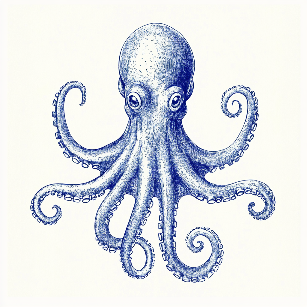 Hand-drawn vintage octopus illustration in blue ink.