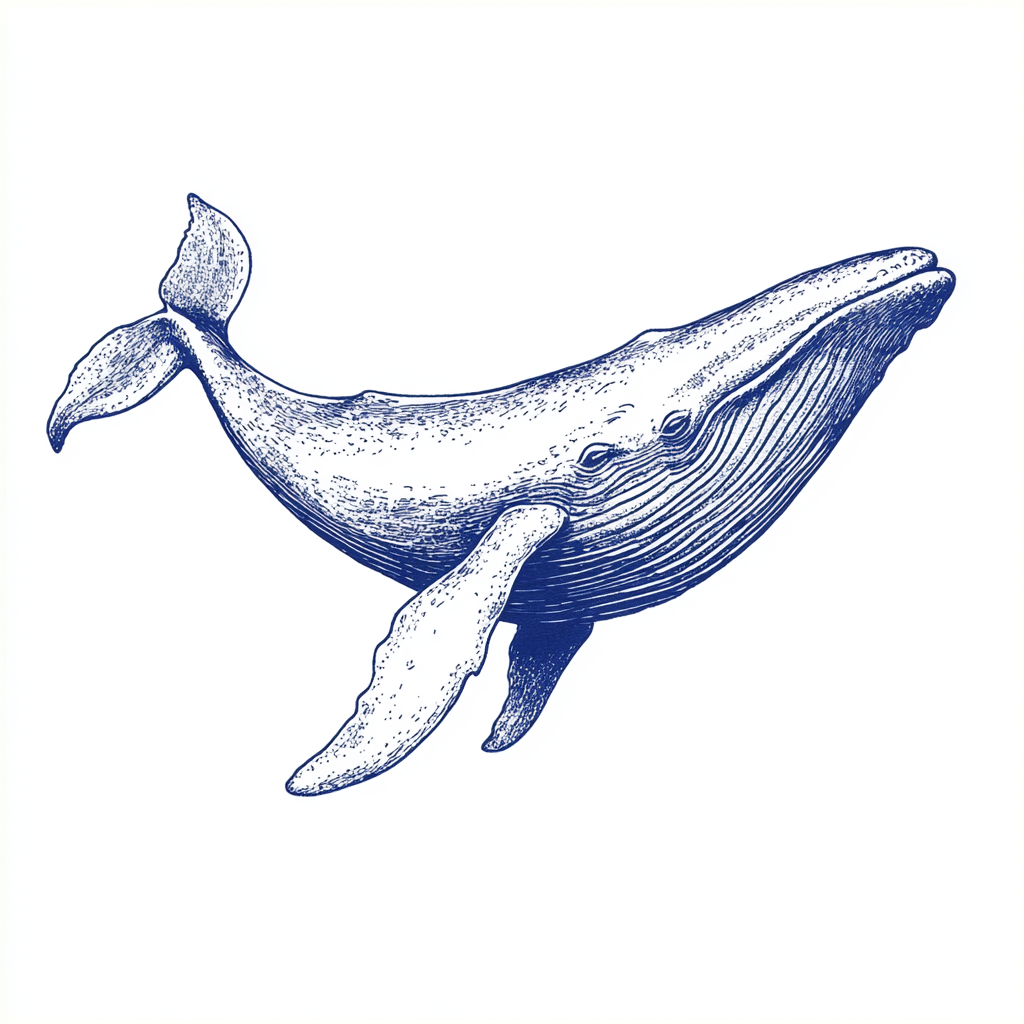 Hand-drawn vintage postcard of whale in blue ink.