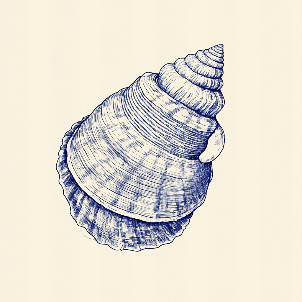 Hand-drawn vintage postcard style blue ink shell illustration.