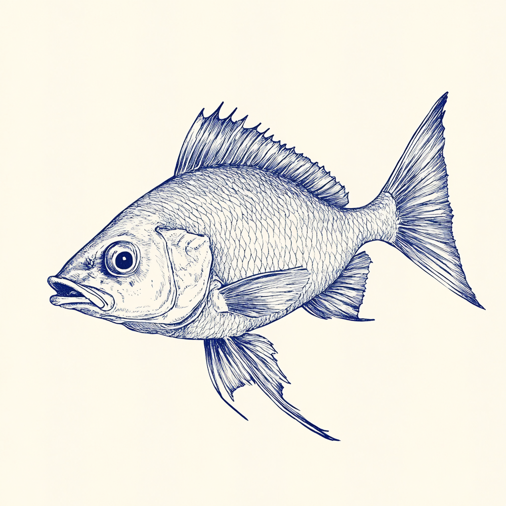 Hand-drawn vintage postcard style fish illustration in blue.