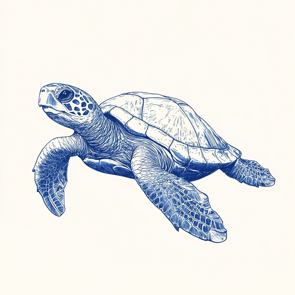 Hand-drawn vintage postcard style turtle illustration in blue.