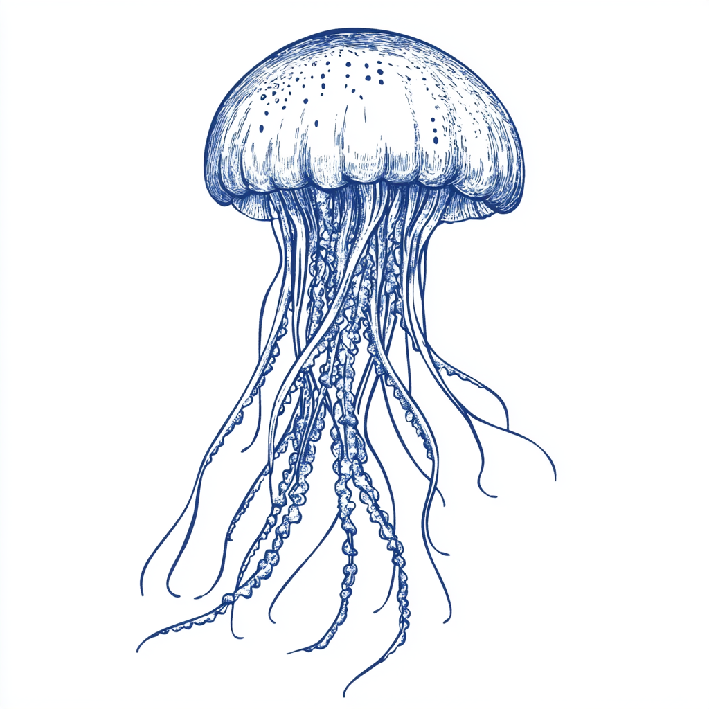 Hand-drawn vintage-style blue ink jellyfish illustration.