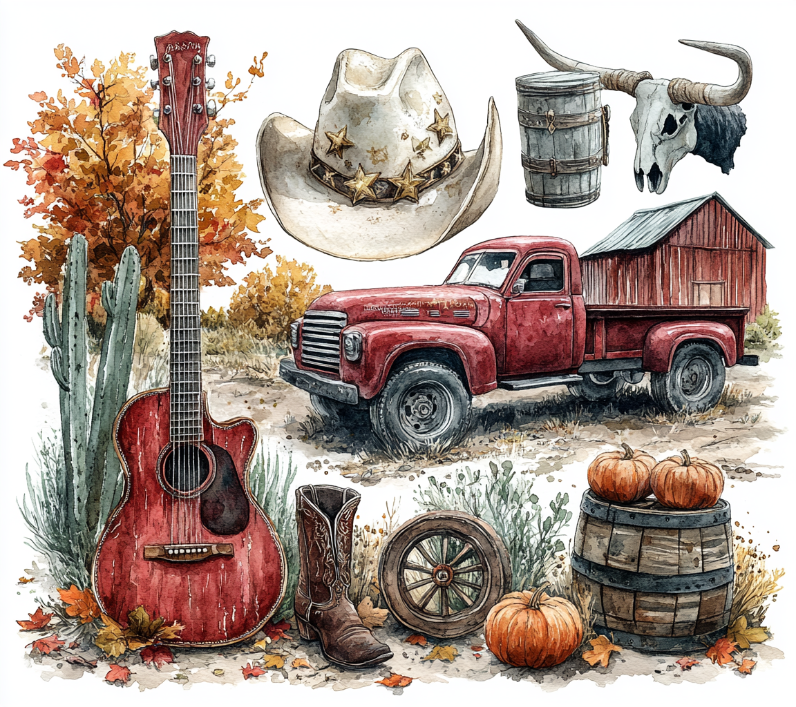 Hand drawn watercolor illustration of fall and western elements