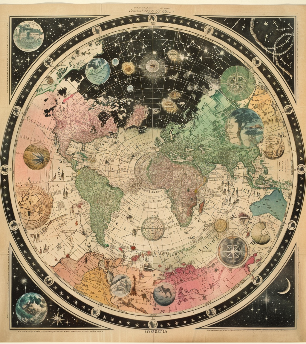 Hand-drawn world map with colorful constellations and animals.