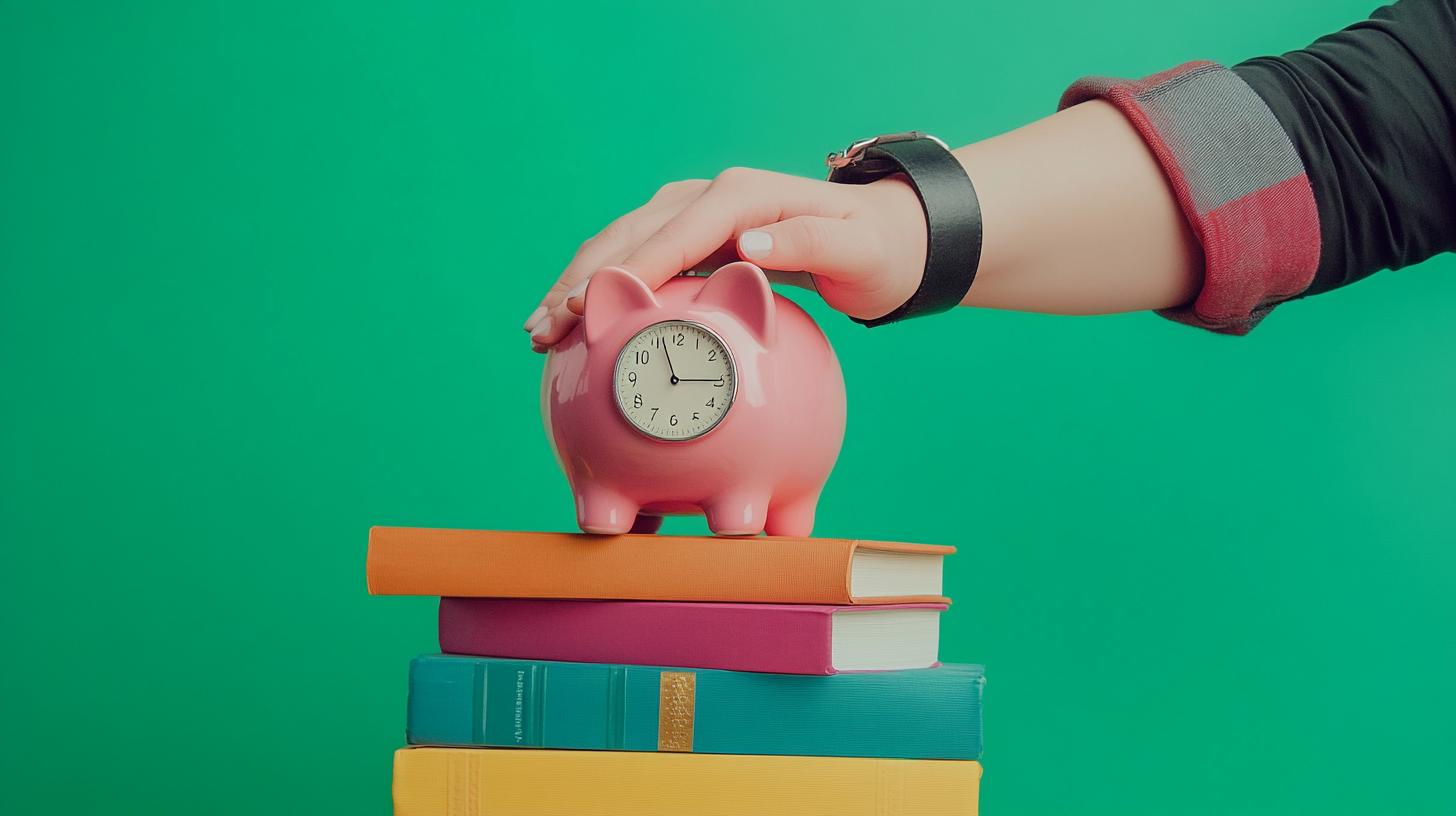 Hand dropping coin into piggy bank on books.