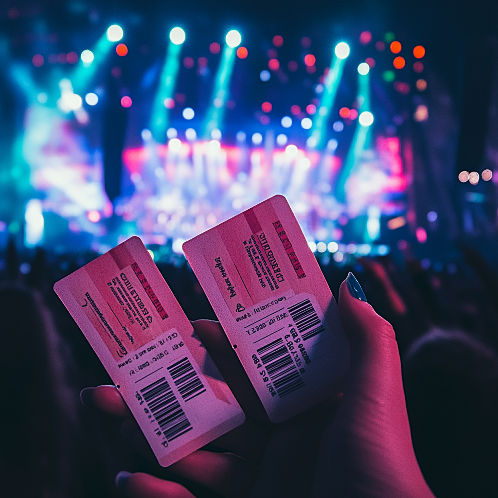 Hand holding concert tickets in front of stage crowd.