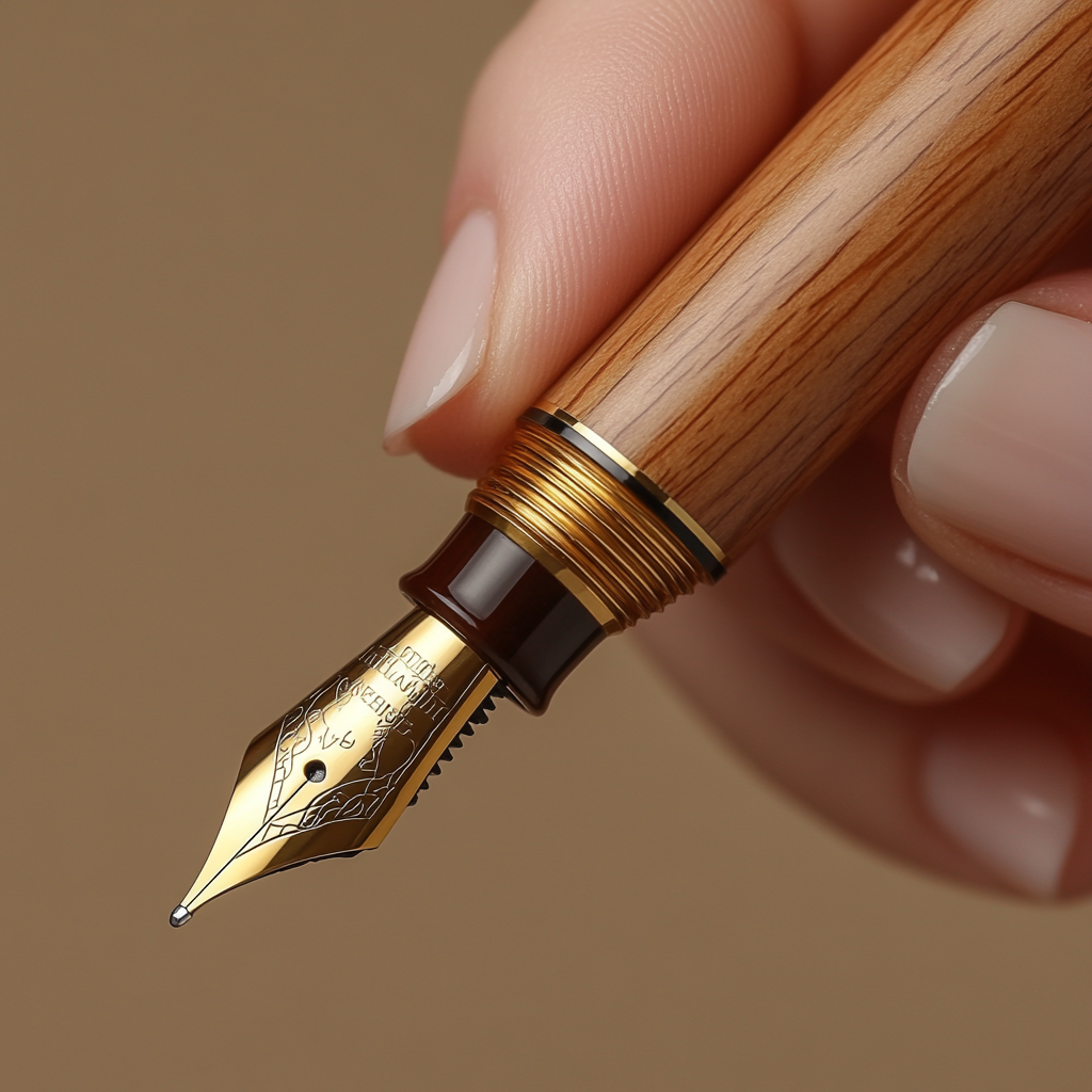 Hand holding elegant wooden fountain pen on gold tip.