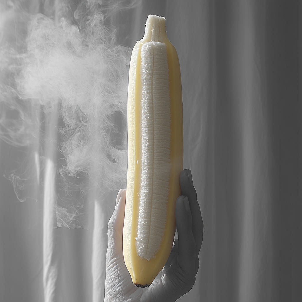 Hand holding half-peeled banana, smoke, greyscale, yellow, bright.