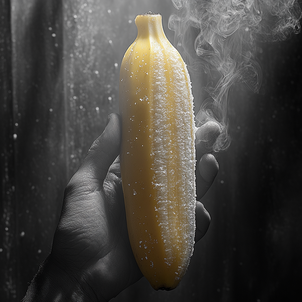 Hand holding half-peeled banana, smoke smell visible. Greyscale hand, yellow banana peel.