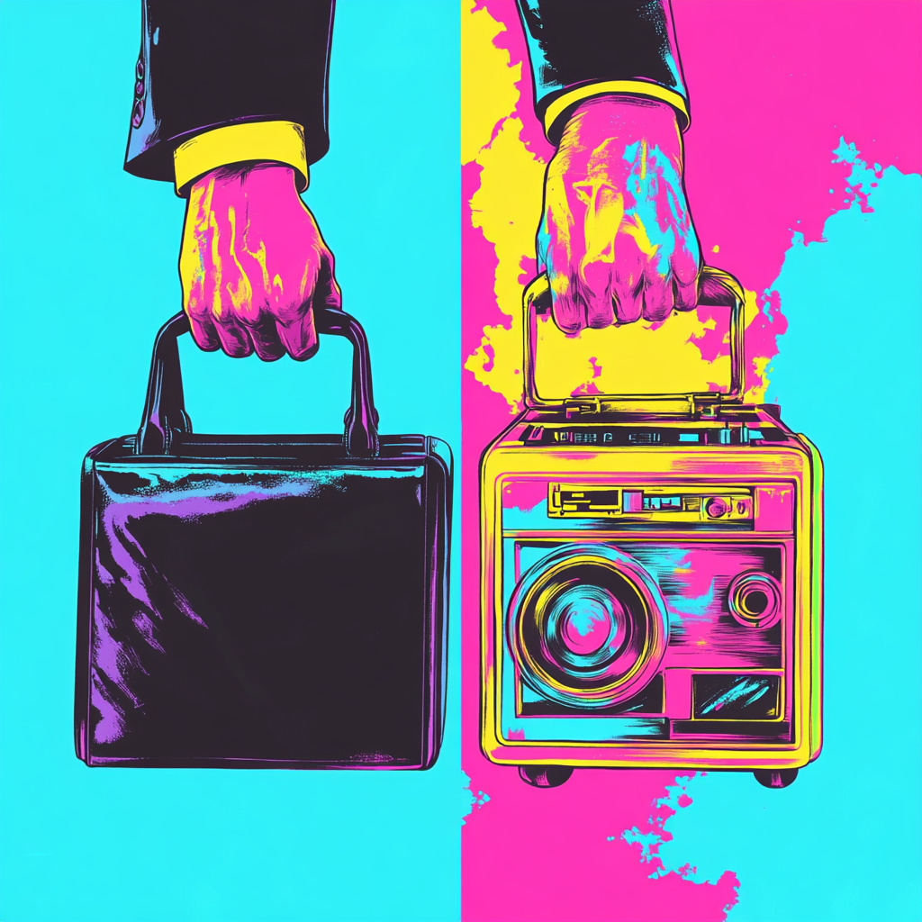 Hand holds black briefcase and retro boombox