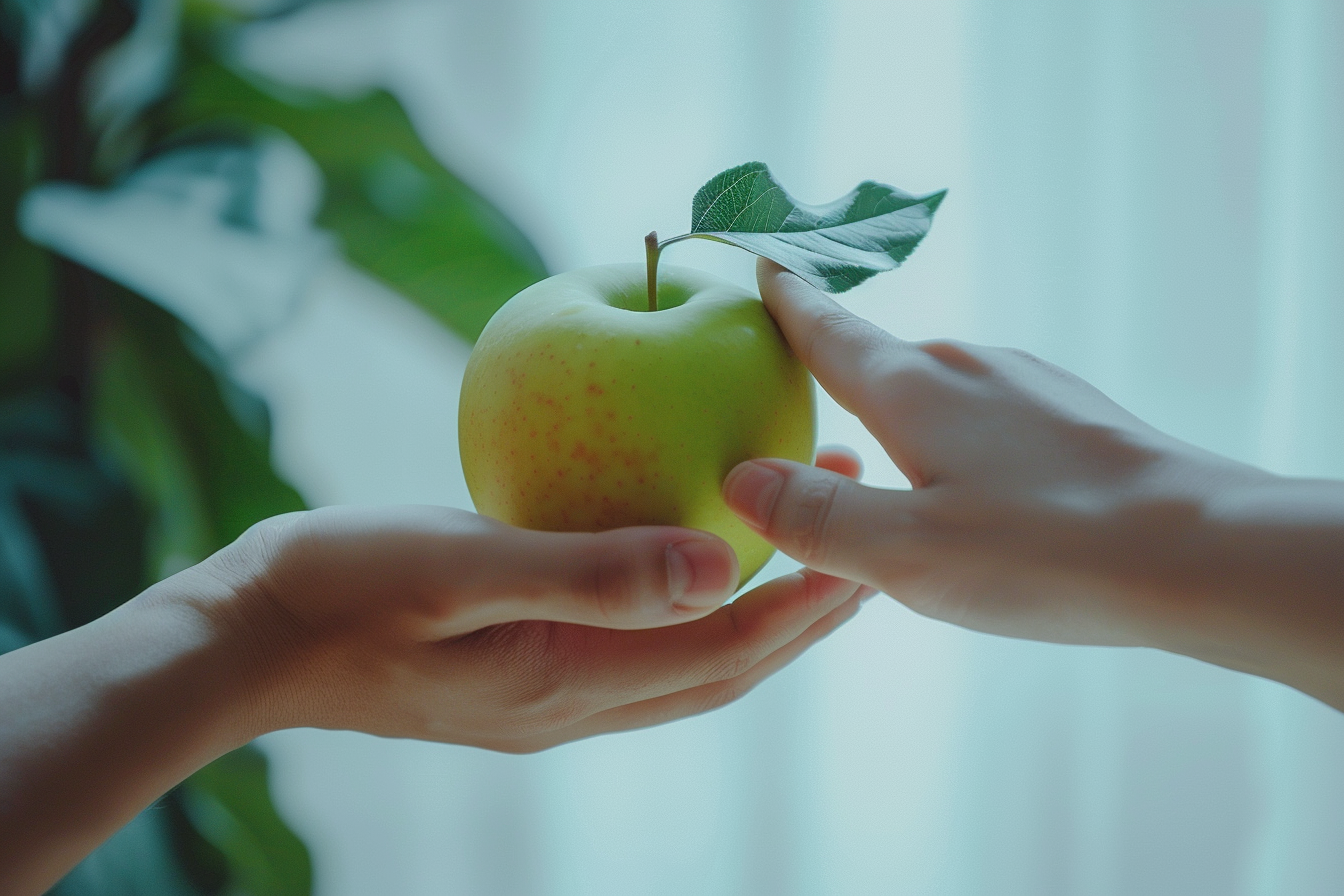 Hand offering apple symbolizes health education, promotion.