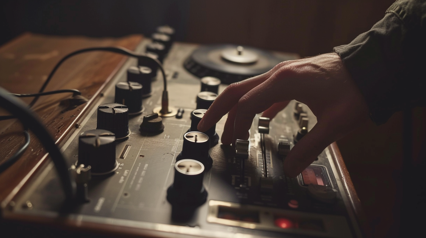 Hand operating vintage drum machine on black background