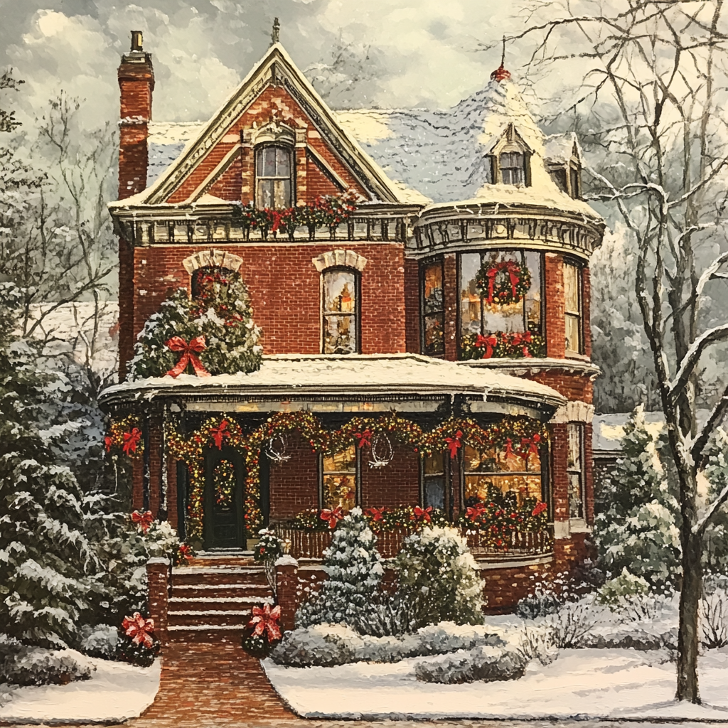 Hand painted Christmas portrait of Victorian style home.