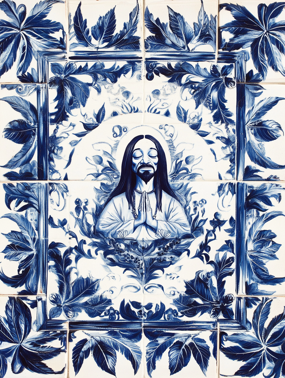 Hand-painted blue and white tile with snoop dog.