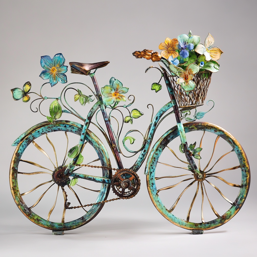 Hand-painted floral bicycle decoration with butterflies and lantern basket.