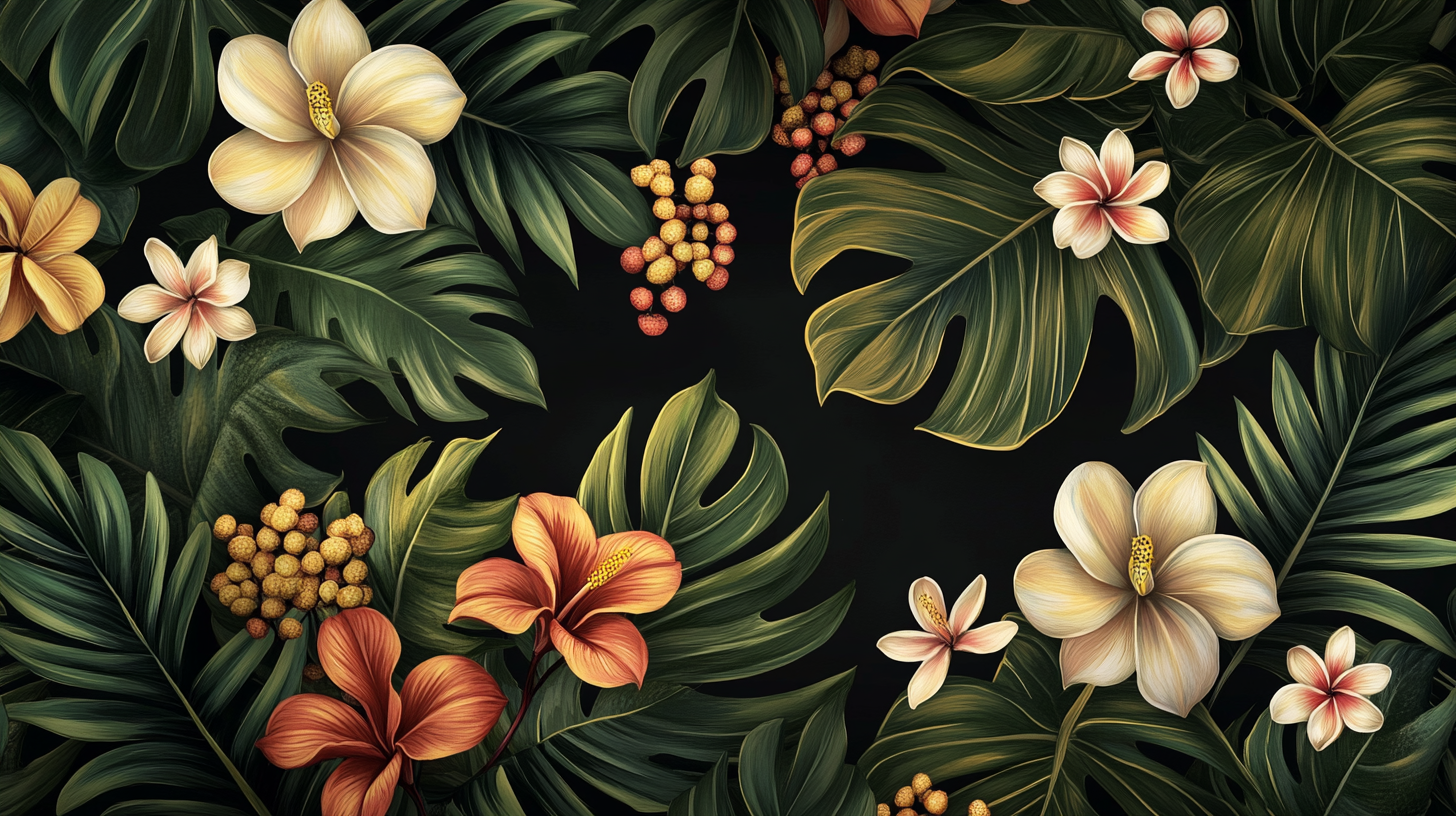 Hand-painted metallic gold on black wallpaper with tropical flowers.