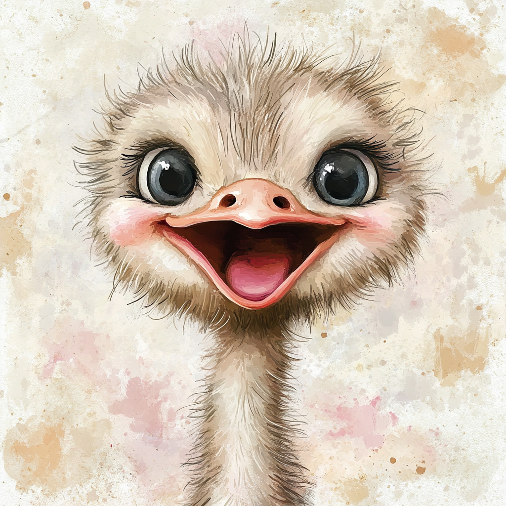 Hand painted watercolor baby ostrich with pastel colors smile.