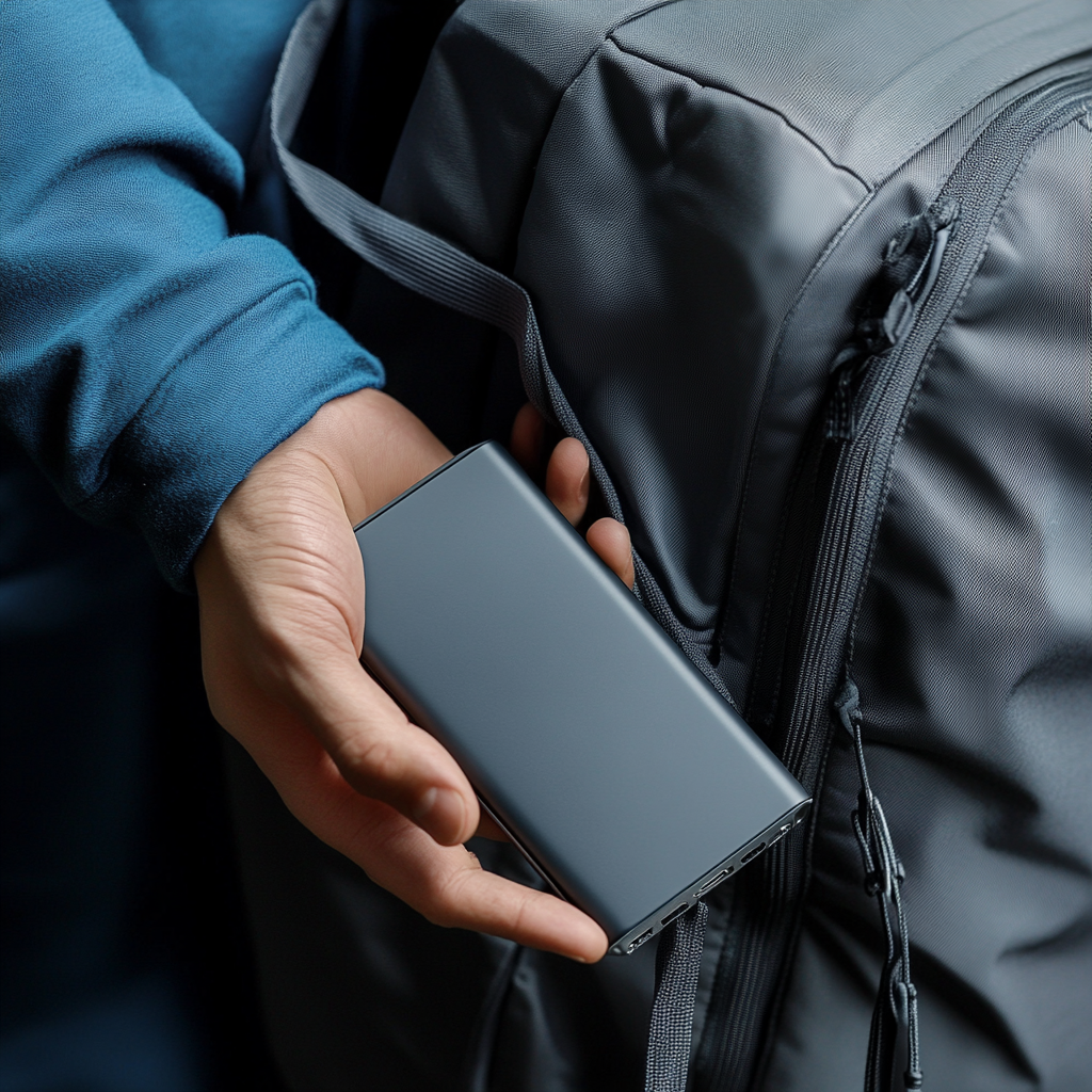 Hand placing power bank in backpack, realistic mockup.