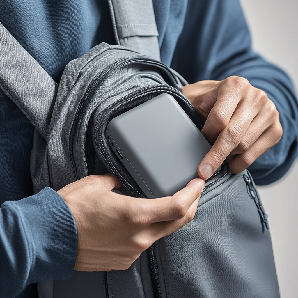 Hand placing power bank in backpack for advertisement.