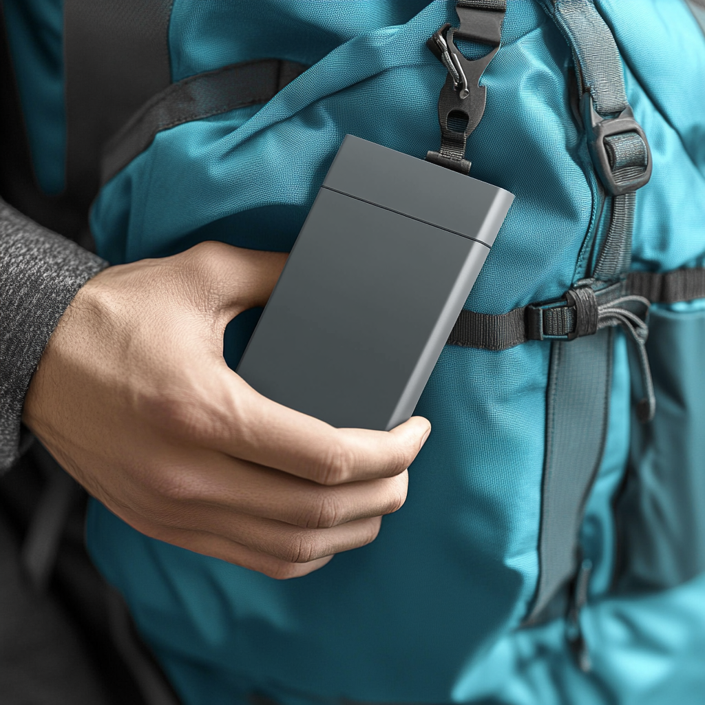 Hand placing power bank in pocket, realistic mockup.