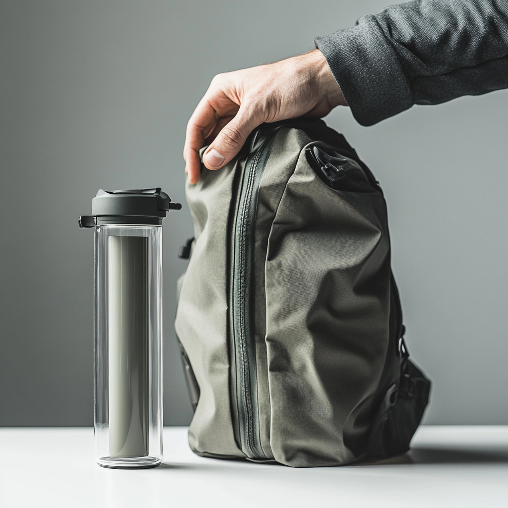 Hand putting cylinder in backpack on white table.