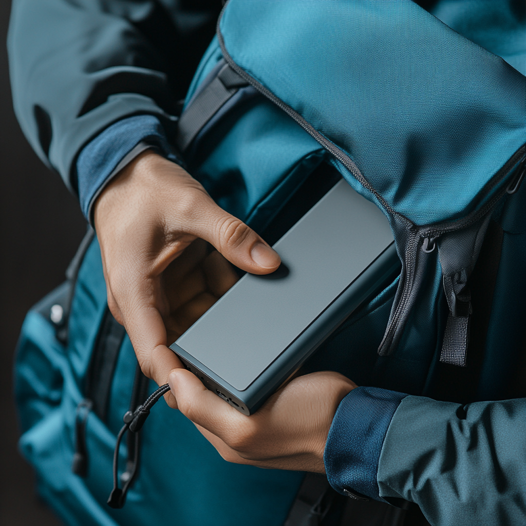 Hand putting power bank in backpack for advertisement mockup.