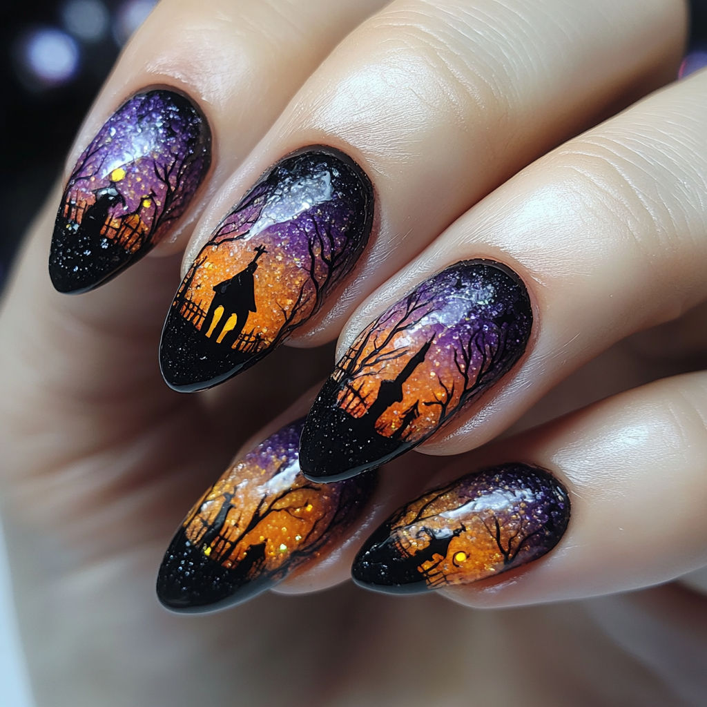 Hand with Halloween nail art in black, orange, purple.