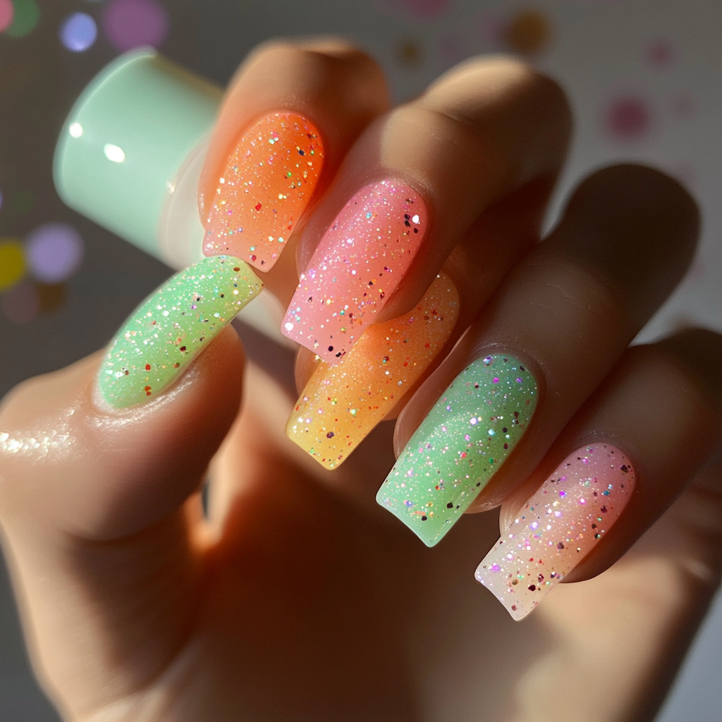 Hand with colorful nails and makeup in soft lighting.