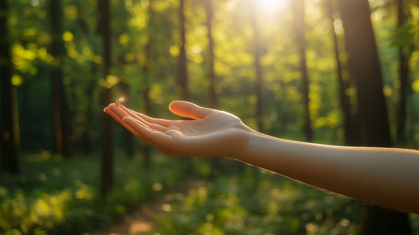 Hand with fantasy ring in forest, premium jewelry photography.