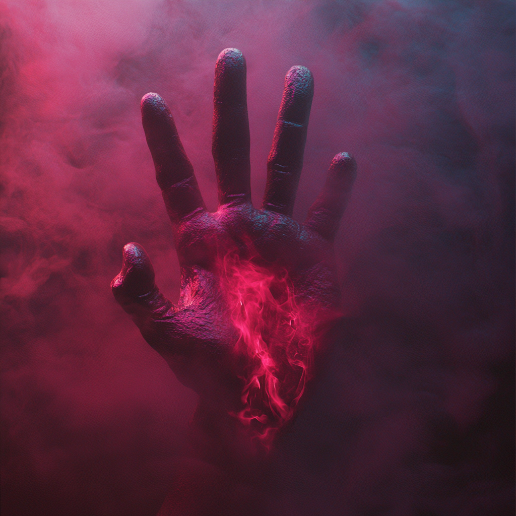 Hand with fiery center: vivid red and dark magenta