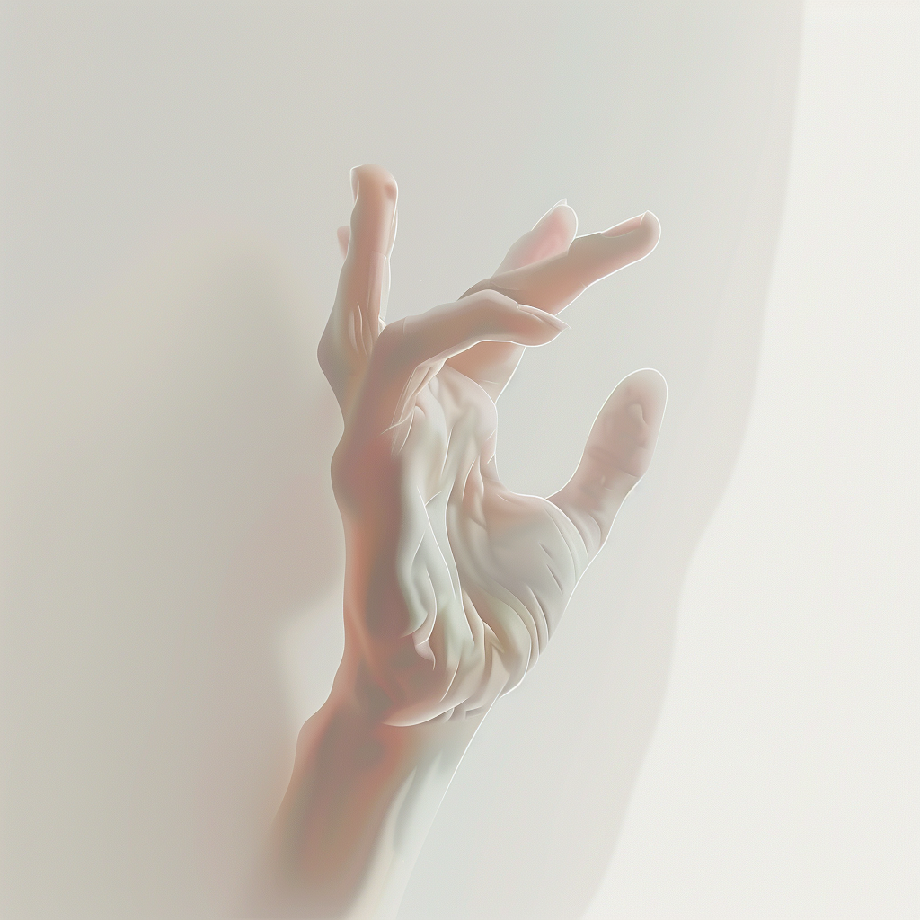 Hand with raised fingers in soft light, minimalist aesthetic.